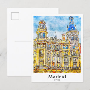 Madrid Spain Travel Watercolor Hand plockade Vykort