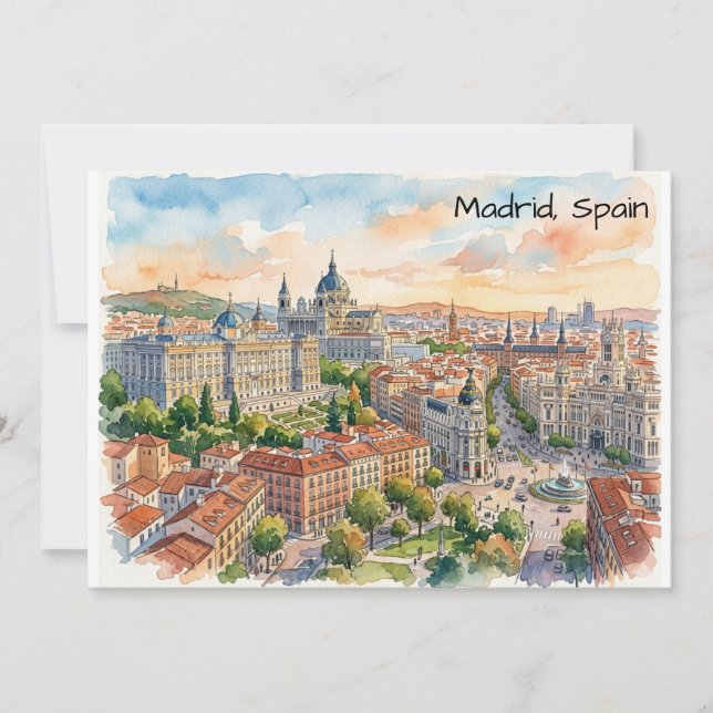 Madrid Spanien Arkitektur Akvarell Målning Kort (Framsida)