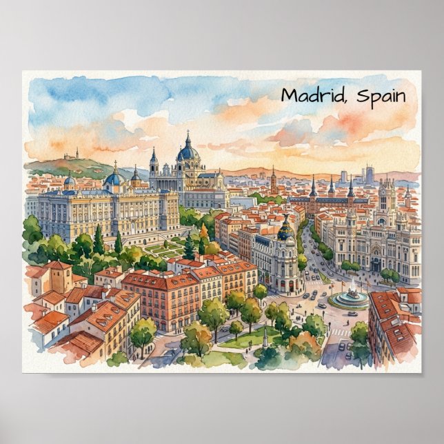 Madrid Spanien Arkitektur Akvarell Målning Poster (Framsidan)