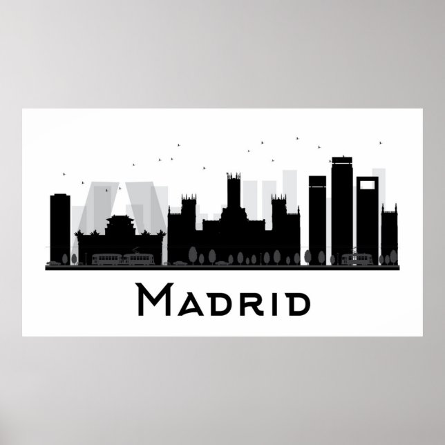 Madrid, Spanien | Black & White City Skyline Poster (Framsidan)
