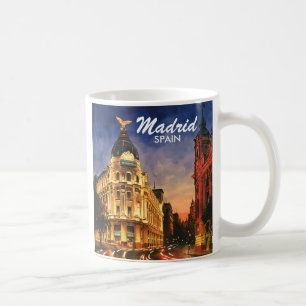 Madrid Spanien Gran Via Natt Vattenfärg Stadsscen Kaffemugg