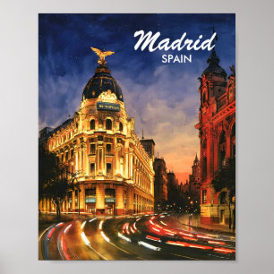 Madrid Spanien Gran Via Natt Vattenfärg Stadsscen Poster