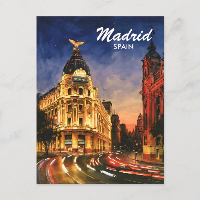 Madrid Spanien Gran Via Natt Vattenfärg Stadsscen Vykort (Framsida)