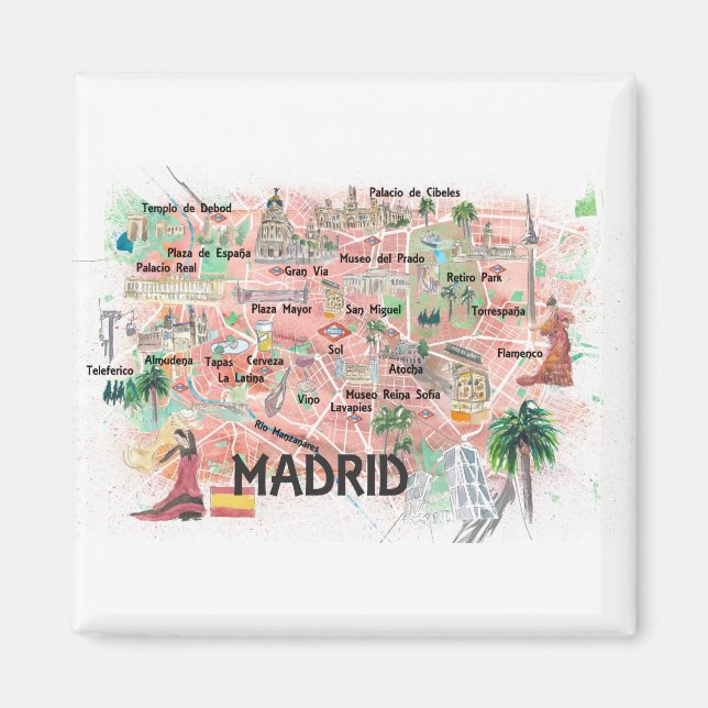 Madrid Spanien illustrerade Karta med huvudvägar Magnet (Framsidan)
