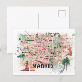 Madrid Spanien illustrerade resan Karta med vägar Vykort