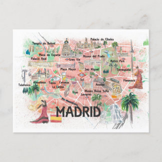 Madrid Spanien illustrerade resan Karta med vägar Vykort