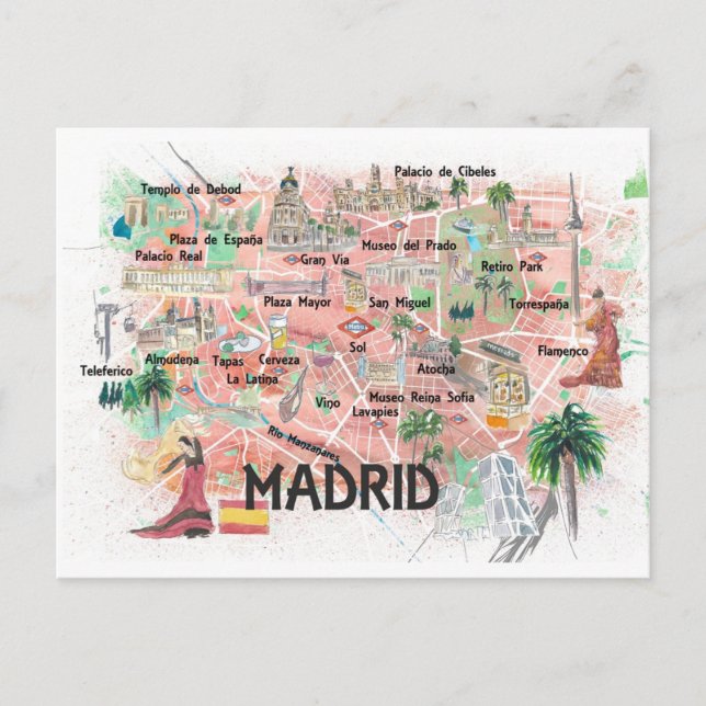 Madrid Spanien illustrerade resan Karta med vägar Vykort (Framsida)