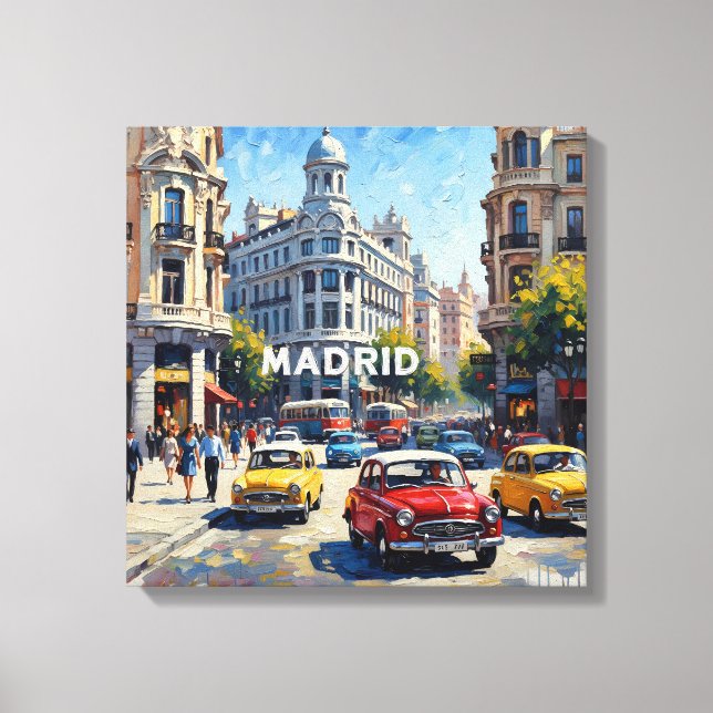 Madrid Spanien Klassiska Bilar Urban Väggdekor Canvastryck (Framsida)