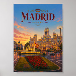Madrid Spanien Plaza de Cibeles Solnedgångsvy Poster