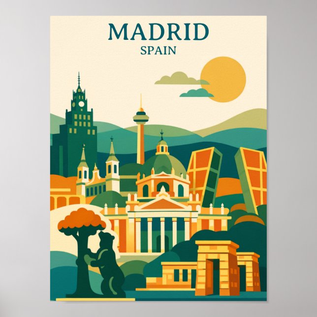 Madrid Spanien Stadssiluett - Minimalistisk Retro  Poster (Framsidan)