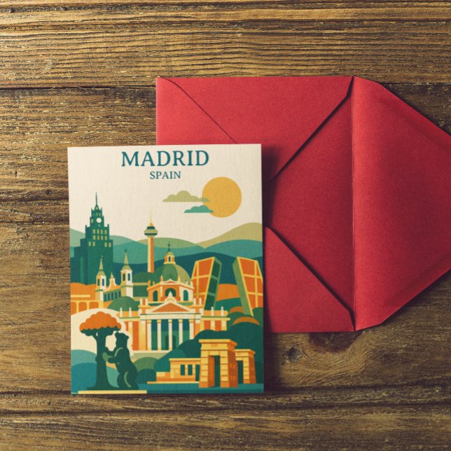 Madrid Spanien Stadssiluett - Minimalistisk Retro  Vykort (Minimalist  Madrid Spain City Skyline - Retro City Postcard)