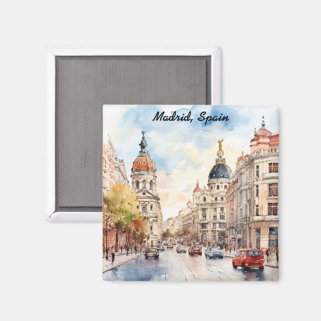 Madrid Spanien Stadsvy Vattenfärg Småländning Magnet (Front/Back)