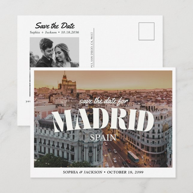 Madrid Wedding Save the Date Retro Destination Vykort (Fram/baksida)