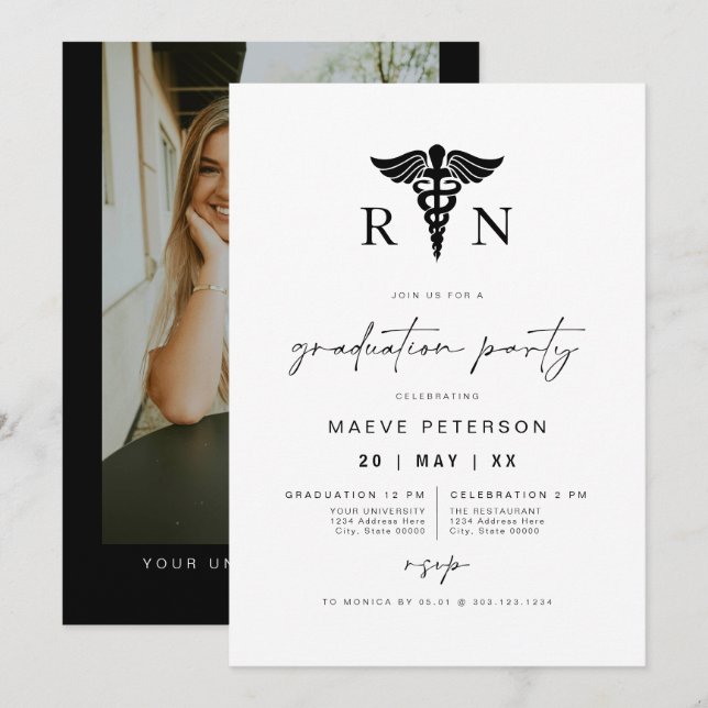 MAEVE Black and White Medical RN Nurse Studenten Inbjudningar (Fram/baksida)