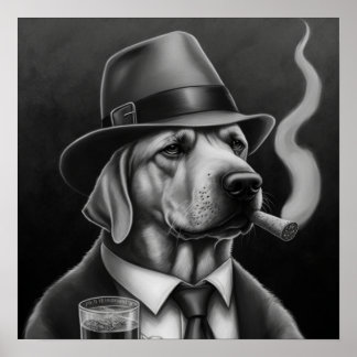 Maffian Hund i Gråskala med Top hat och Cigar Poster