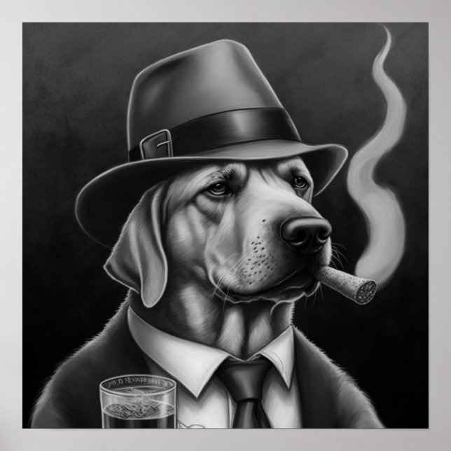Maffian Hund i Gråskala med Top hat och Cigar Poster (Framsidan)