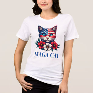 MAGA Cat Trump American Flagga and Flowers Patriot T Shirt