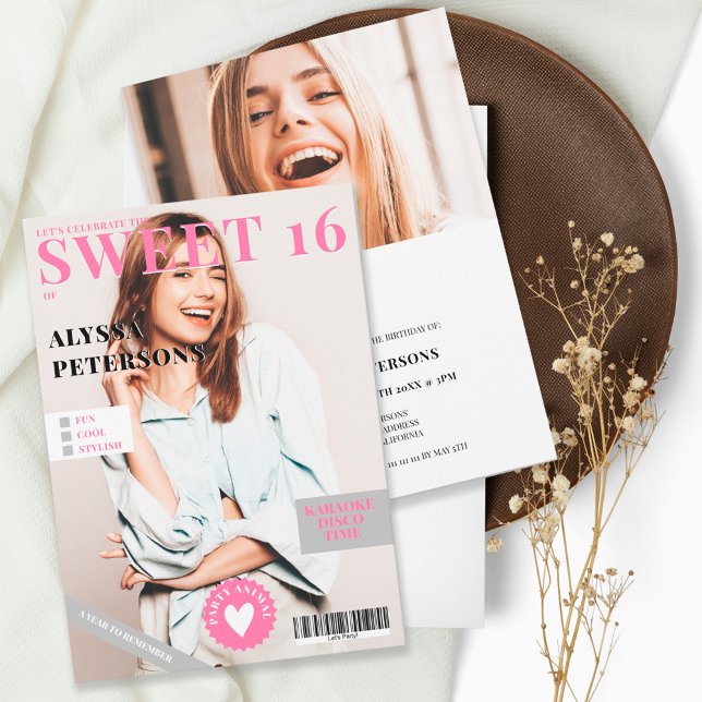 Magasinomslag 2 foton rosa trendig Sweet 16 Inbjudningar (Skapare uppladdad)