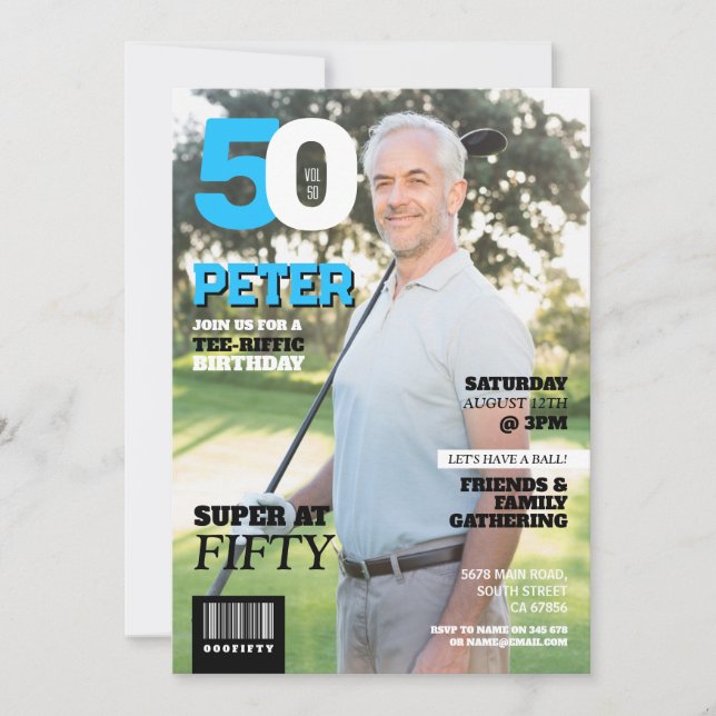 Magazine 50 Manar Golf 50 Golfer Birthday Inbjudningar (Framsida)