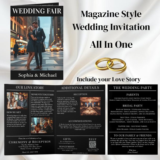 Magazine Cover City Bröllop Inbjudan (Magazine Cover City Wedding  Invitation All in One)