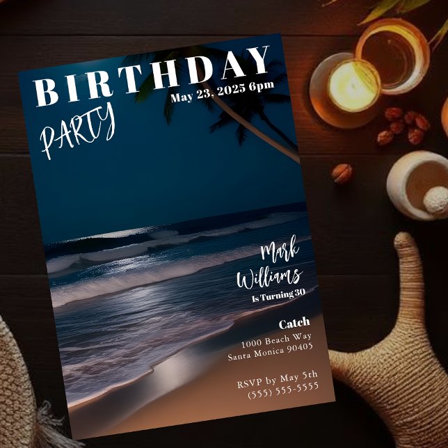 Magazine Cover Moonlight Beach Birthday Inbjudningar (Magazine Cover Moonlight Beach Birthday Invitation)