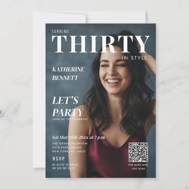 Magazine Cover Photo 30th Birthday Party QR Code Inbjudningar (Framsida)