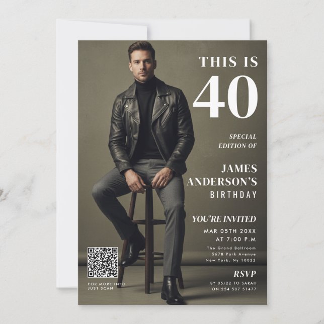 Magazine Cover Photo Mens 40th Birthday QR Code Inbjudningar (Framsida)