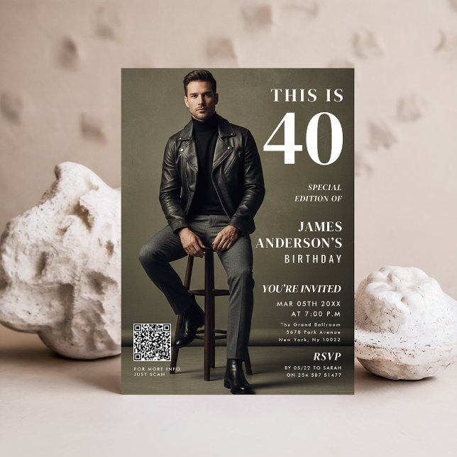 Magazine Cover Photo Mens 40th Birthday QR Code Inbjudningar (Skapare uppladdad)