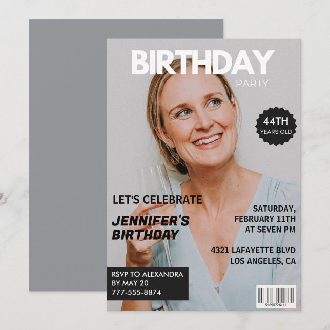 Magazine Cover Snyggt för hennes foto 44-årsdag Inbjudningar (Fram/baksida)