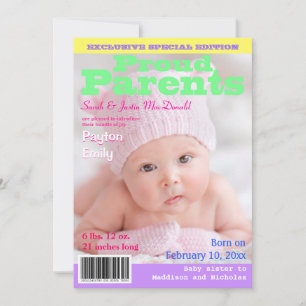 Magazine Cover Stil Birth Notice with Photo Meddelande