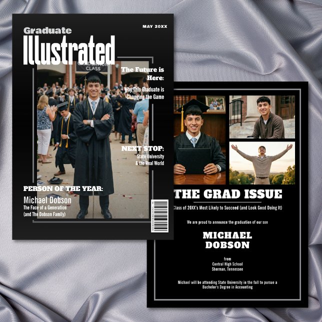 Magazine Four Photo Black Graduation Announcement Inbjudningar (Magazine Four Photo Black Graduation Announcement)
