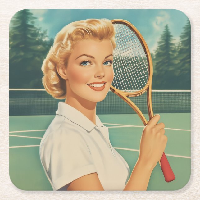 Magazine Illustration Tennis Woman 1950-talet Underlägg Papper Kvadrat (Framsidan)