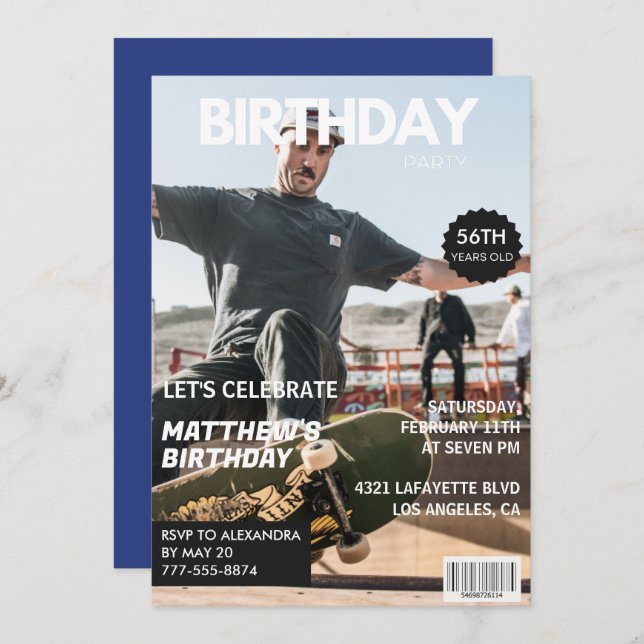 Magazine Navy Blue Photo Funny 56:e födelsedag Inbjudningar (Fram/baksida)