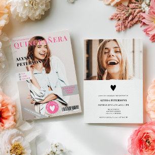 Magazine omslag 2 bilder rosa trendig Quinceanera Inbjudningar