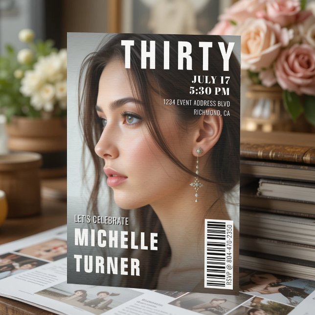 Magazintäckningsfoto 30års födelsedag Party Inbjudningar (Magazine Cover Photo 30th Birthday Party Invitation
)