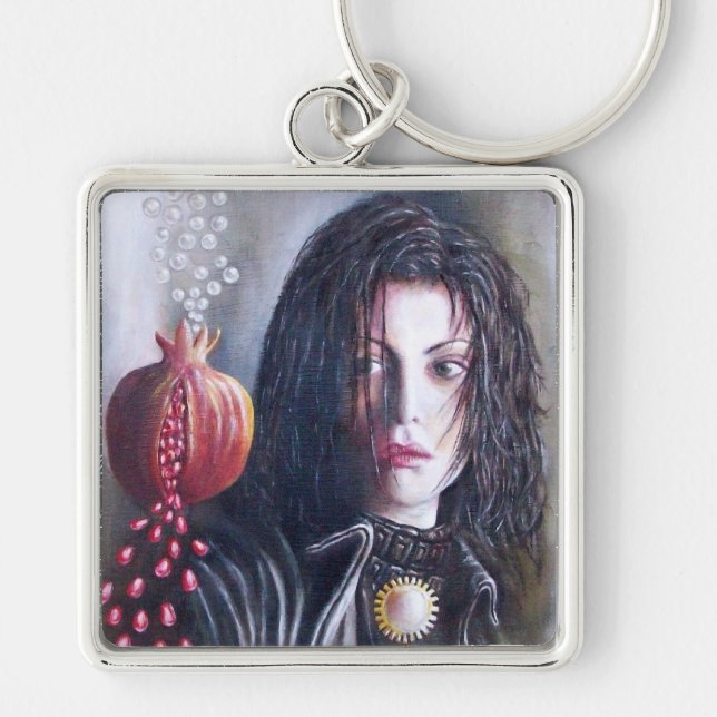 MAGDALEN OCH POMEGRANAT FYRKANTIG SILVERFÄRGAD NYCKELRING (Framsidan)