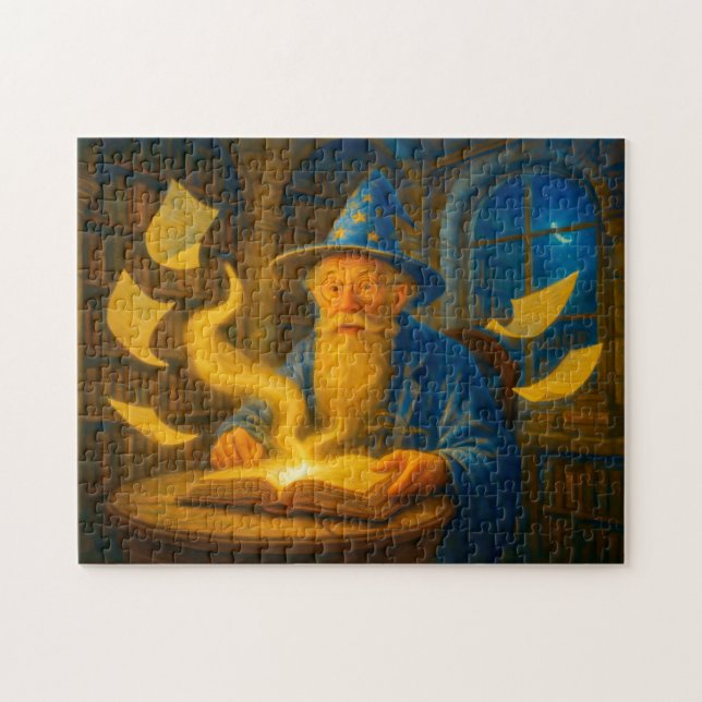 Mage reading spellbook in oil painting pussel (Horisontell)