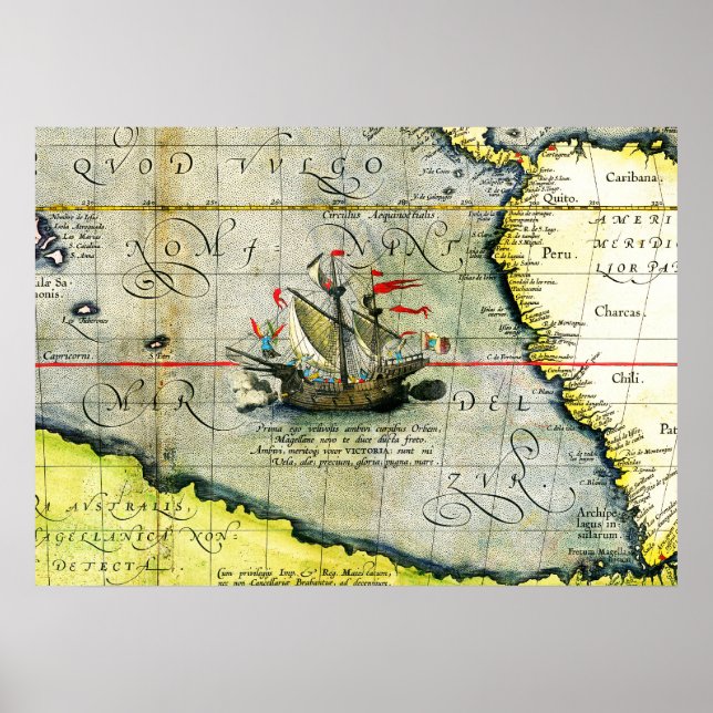 Magellans fartyg Victoria, Antik karta Stilla have Poster (Framsidan)