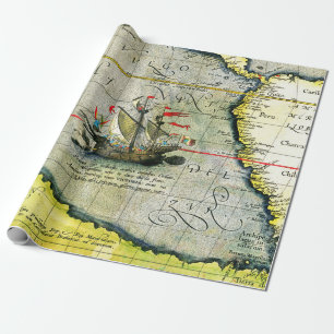 Magellans frakt Victoria, Antique Karta Pacific Oc Presentpapper