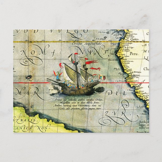 Magellans frakt Victoria, Antique Karta Pacific Oc Vykort (Framsida)