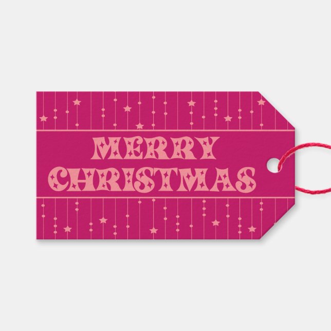 Magenta and Pink Bright Stars Merry Christmas Presentetikett (Framsidan (Horisontell))