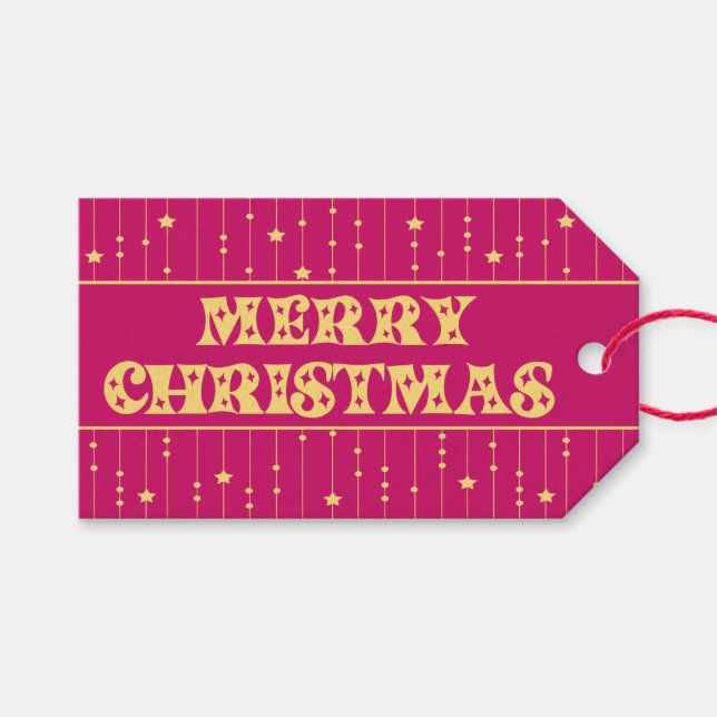 Magenta and Yellow Bright Stars Merry Christmas Presentetikett (Framsidan (Horisontell))
