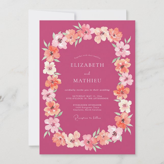 Magenta Aprikoskrans Bröllop Inbjudningar (Framsida)