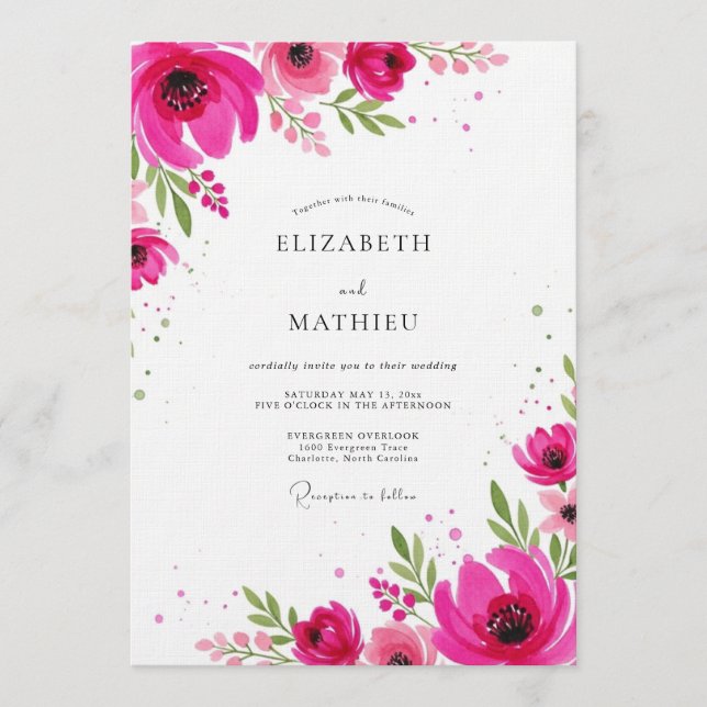 Magenta Artistic Floral Wedding Inbjudningar (Framsida)