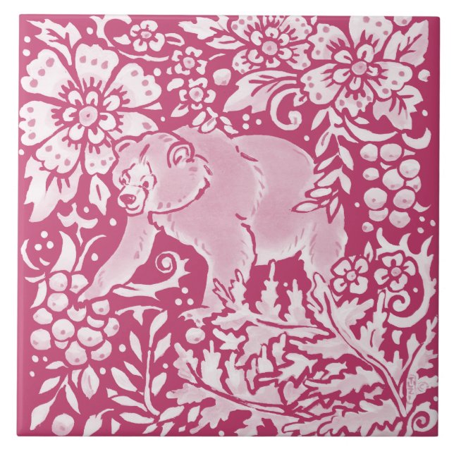 Magenta Bear Animal Nature Woodland Blommigt Kakelplatta (Framsidan)