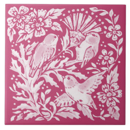 Magenta Bird Trio Thistle Nature Woodland Blommigt Kakelplatta