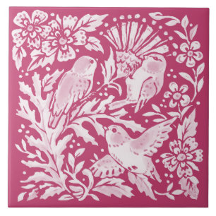 Magenta Bird Trio Thistle Nature Woodland Blommigt Kakelplatta