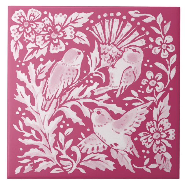 Magenta Bird Trio Thistle Nature Woodland Blommigt Kakelplatta (Framsidan)