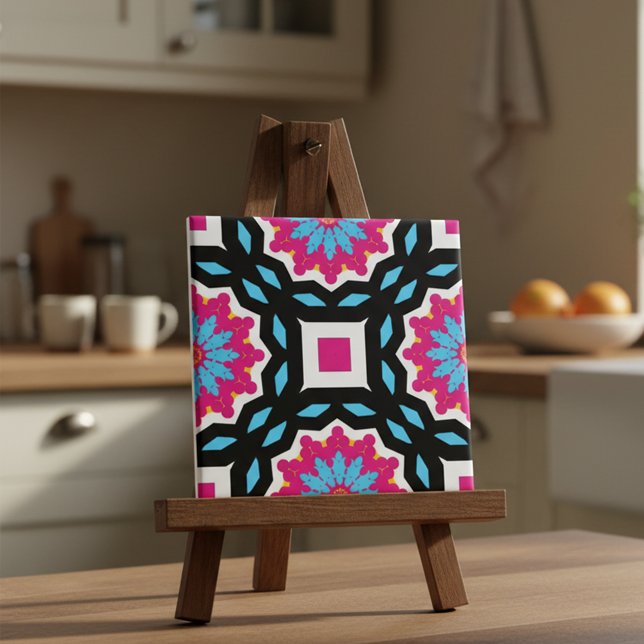 Magenta Black Blue White Mosaic Geometric Mönster Kakelplatta (Skapare uppladdad)