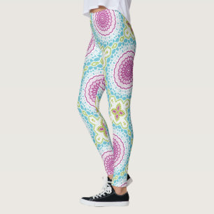 Magenta Blått och Grönt Mandalamönster Leggings